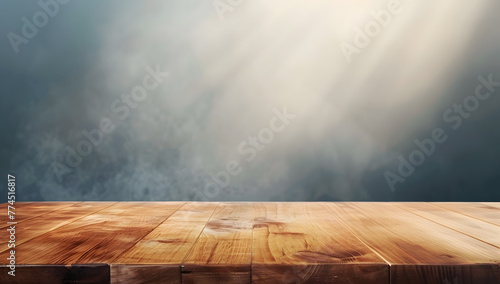 An Empty wood table top on kitchen counter. white walls. (room) background.