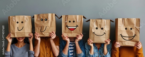 Portrait five casual male and female people with paper shopping package bags over heads with happy smiling emoticon mouth eyes facial expression drawn, Generative AI
