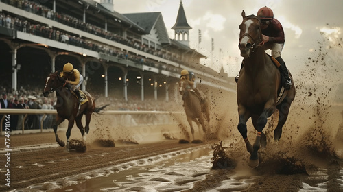 Horse race, with jockey riders galloping on the muddy track of a circuit, for sports betting - Triumph and glory in the Kentucky Derby.
