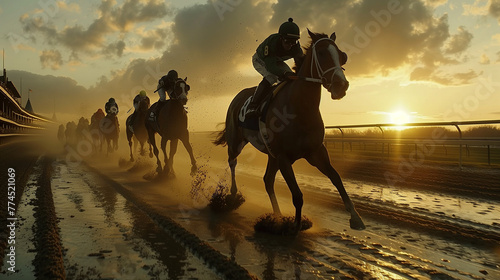 Jockeys on horses fiercely compete in a muddy race at sunset, with spectators in the backdrop - Derby Kentucky cinematic