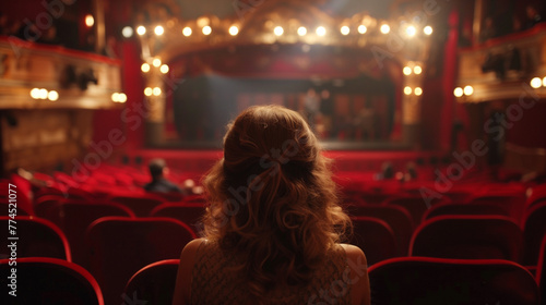 Back of a young blonde woman alone, facing away, observing the stage of a theater with lights around, and empty red seats in the auditorium with few spectators. Cultural events and performing arts.