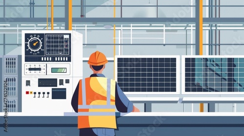 A technician monitoring meters and gauges on a control panel ensuring that the solar panel production process is running smoothly . .