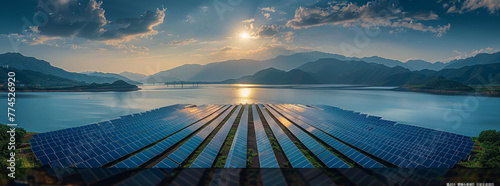 a huge solar power farm, a chinese landscape, photorealistic picture taken by a drone.generative ai