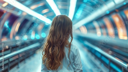 A young girl back to the camera looks at the futuristic train with curiosity and wonder eager to discover what lies ahead in time. . .