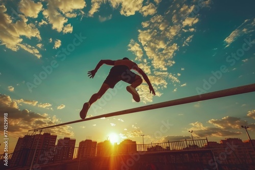 A track and field athlete soaring over the high jump bar with grace and agility.