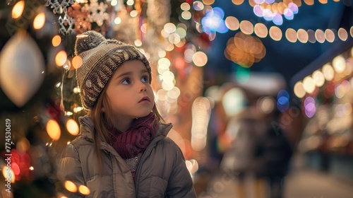 A girl with a look of awe as she steps into a store filled with twinkling holiday decorations AI generated illustration
