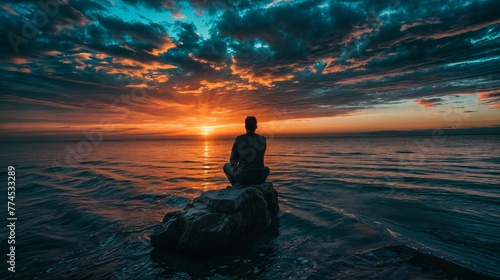 Man meditating on a rock in the sea at sunset or sunrise