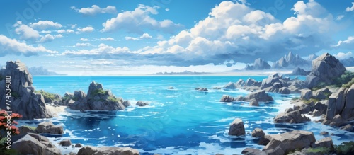 Scenic anime illustration featuring a rugged coast, deep blue ocean, and towering mountain in the background