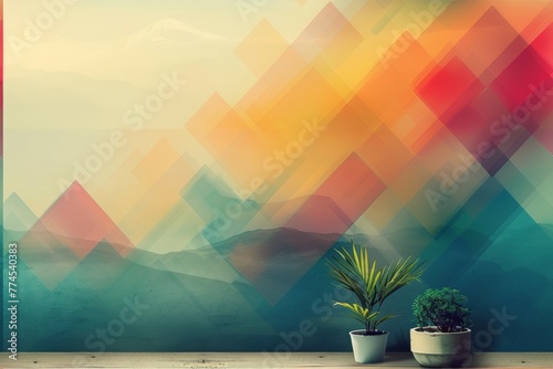 A colorful abstract painting with mountains in the background. Risograph effect, trendy riso style