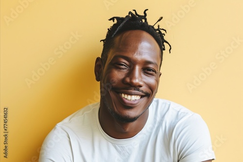 Portrait of handsome african american man smiling against yellow background
