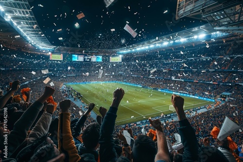 A stadium full of people cheering for a soccer game. Football fans or spectators at the championship