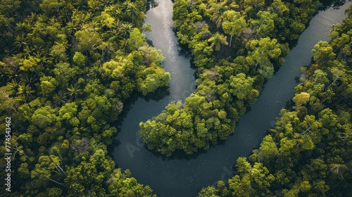 Aerial view of a meandering river cutting through a dense tropical forest with varied shades of green foliage.