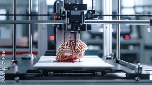 A 3D printer in the process of creating a highly detailed, life-sized human brain replica with a realistic texture.