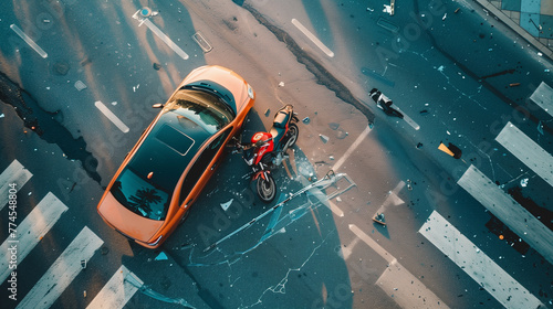 Overhead view of traffic accident involving a car and a damaged motorcycle at an intersection, with scattered debris. Dramatic situation for recklessness when complying with traffic regulations