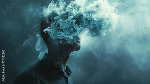 The concept of the disease of Alzheimer, forgetting memories and memory, and mental health issues, symbolized by the blurred head of a man obscured by dense smoke.