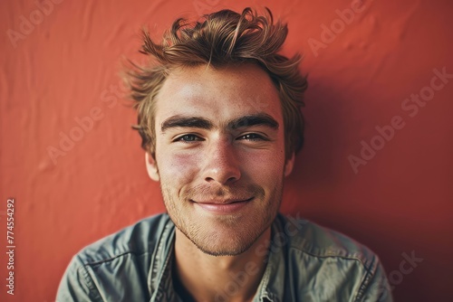 Portrait of a handsome young man with blond hair smiling at the camera