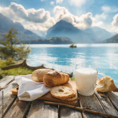 A glass of fresh whole milk, on a wooden table with two slices of whole Sourdough bread and one sliced sourdough bread. With plants, lakes, and mountains in the background