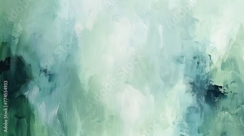 Abstract painting with soft green and white hues, blending textures suggesting a serene, misty landscape or impressionistic backdrop.
