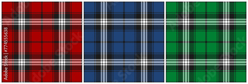 Red, dark navy blue and green tartan plaid pattern set. Vector seamless check pattern for plaid fabric, flannel shirt, blanket, clothes, skirt, tablecloth, textile.