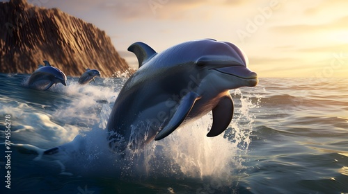 A pod of dolphins in playful interaction