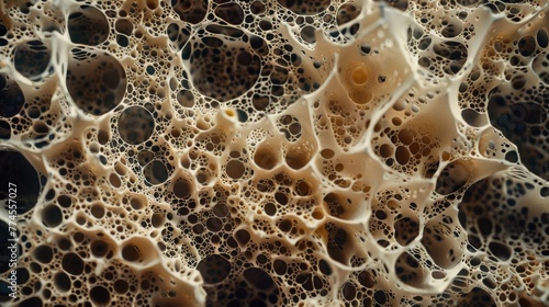 A crosssection image of a mycelium mat revealing its intricate network of hyphae tubes extending through the substrate. The hyphae