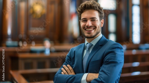 Professional photography of a young male lawyer smiling in a courtroom background