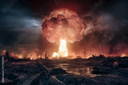 Apocalypse unleashed, massive nuclear bomb explosion, destruction photo
