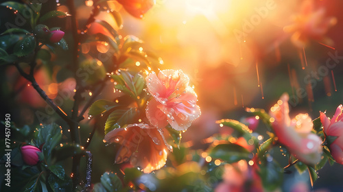 The soft glow of dawn breaking over a peaceful garden, the dewy petals and leaves capturing the essence of Easter morning.