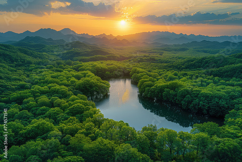 Aerial view of the sunset over Rongkun Lake in Xinghua Forest, featuring dense green forests and mountains in southern China. Created with Ai