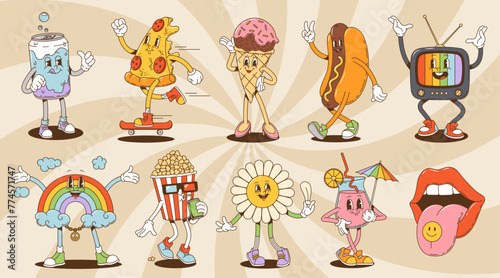 Cartoon groovy characters, soda can and pizza, ice cream and hot dog personages, tv and rainbow, popcorn and daisy flower, cocktail and woman lips. Vector funky, retro, psychedelic, nostalgic y2k set