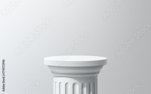 Greek Roman white column podium. Realistic 3d vector pillar with round base for cosmetics presentation, products promo and exhibition of classical art objects in museum. Pedestal, platform or display