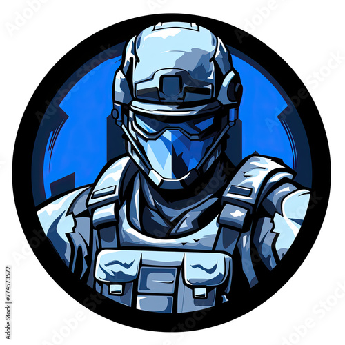 A logo of a soldier with a blue and black background