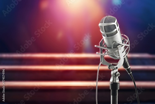Frame Microphone on stage with wooden bench, blurred light background