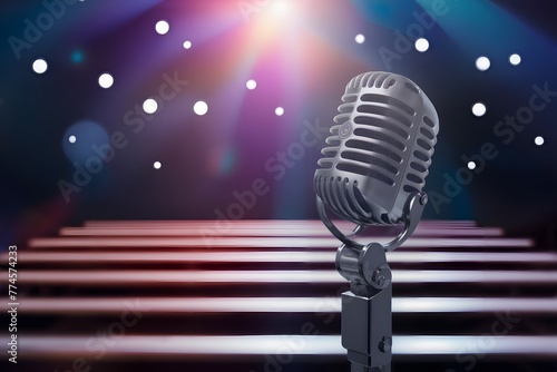 Frame Microphone on stage with wooden bench, blurred light background