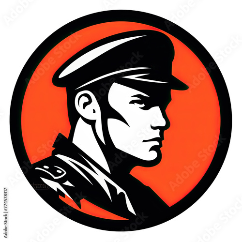A logo of a soldier seen from the side with an orange background