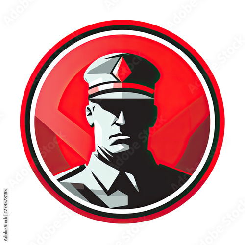 A logo of a soldier looking at the camera with a red background