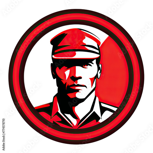 A logo of a soldier in red and white style