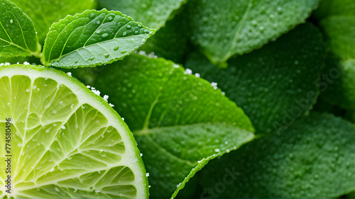 Closeup of a fresh dew covered lime slice and mint leaves with blurred green background 