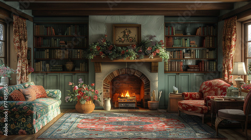 Traditional English cottage living room with floral patterns and cozy fireplaceHyperrealistic