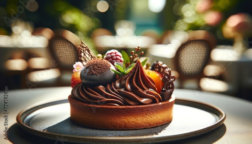 A close-up shot of a single decadent dessert, such as a chocolate tart or a petit four, with the intricate details and textures of the dessert.