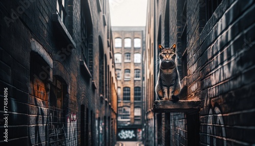 A cat staring out from the gap between two old buildings in an urban environment.