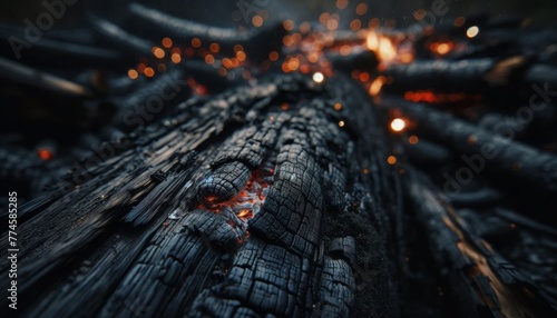 A close-up of charred wood texture from a recent forest fire, with details of the glowing embers visible amidst the blackened surface.
