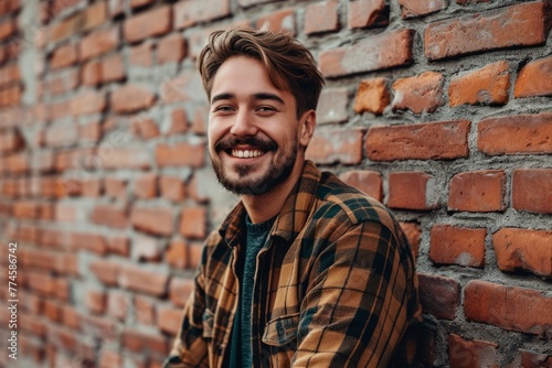 Portrait of a handsome young man smiling against a brick wall.