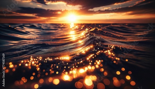 The glittering surface of the ocean close up, with the sun setting and reflecting off the water.