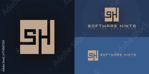 Abstract initial square letter SH or HS logo in gold color isolated on multiple background colors. The logo is suitable for internet technology and software business logo design inspiration templates.