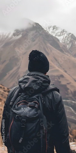 Aventureiro com mochila admirando a paisagem montanhosa