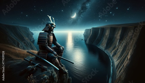 Visualize a samurai character sitting at the edge of a cliff overlooking a calm sea under a starry night sky.