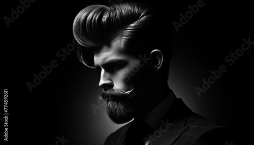 A black and white portrait of a man with a vintage pompadour and a thick beard, set against a dark background to emphasize the hairstyle.