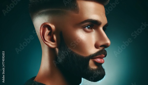 A close-up of a man with a sharp fade haircut and a meticulously sculpted beard, with a focus on the texture and lines of the hair and beard.