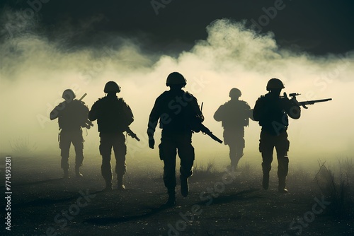 Soldiers in silhouette advance through fog and smoke, attacking photo